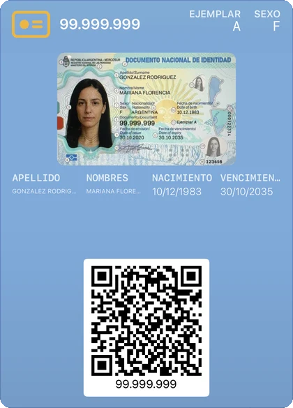 Образец аргентинского DNI в виде карточки в Apple Wallet — с фото, данными и QR-кодом.